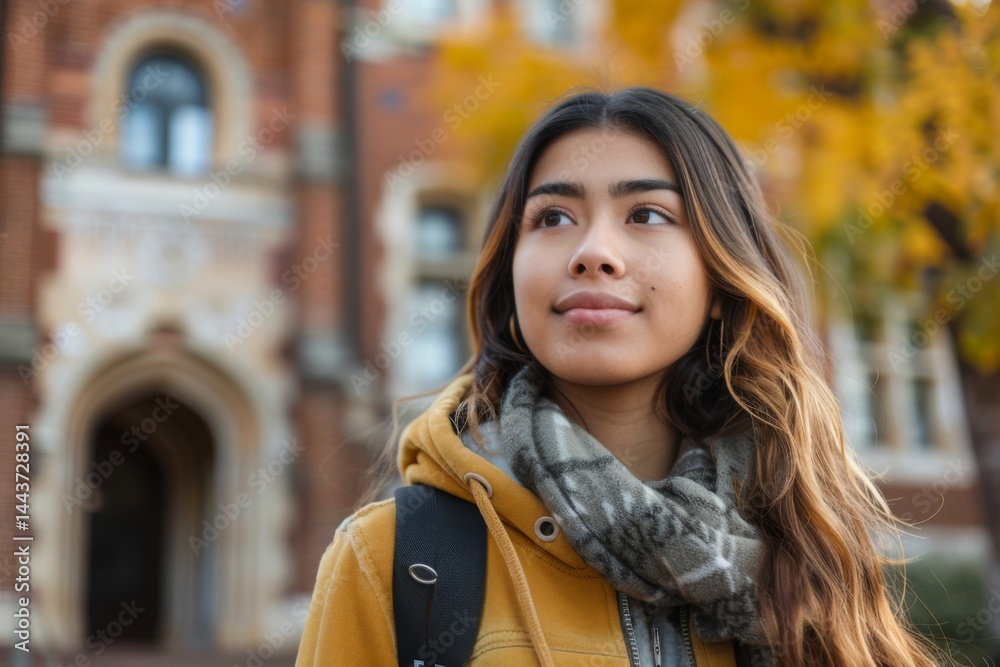 Fototapeta premium Portrait of a young Hispanic female student on college campus