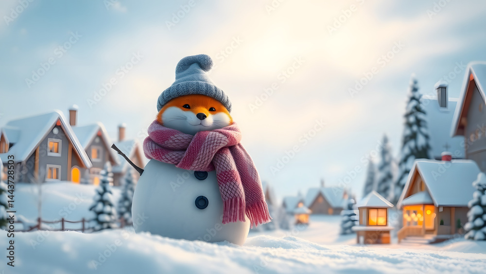 Obraz premium Cozy Winter Village Scene with a Cute Fox Snowman