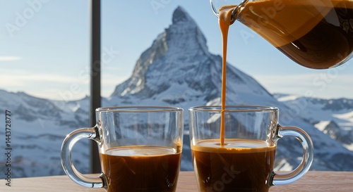 Pouring espresso coffee with snowy mountain view into clear glass cups