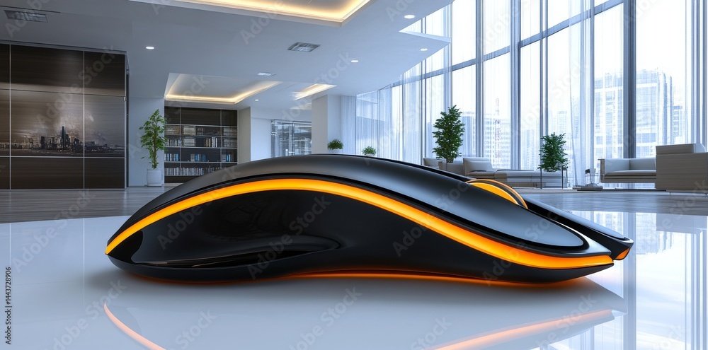 Fototapeta premium Under bright daylight, a high-tech gaming mouse is positioned on a sleek, modern surface, complemented by a backdrop of contemporary architecture