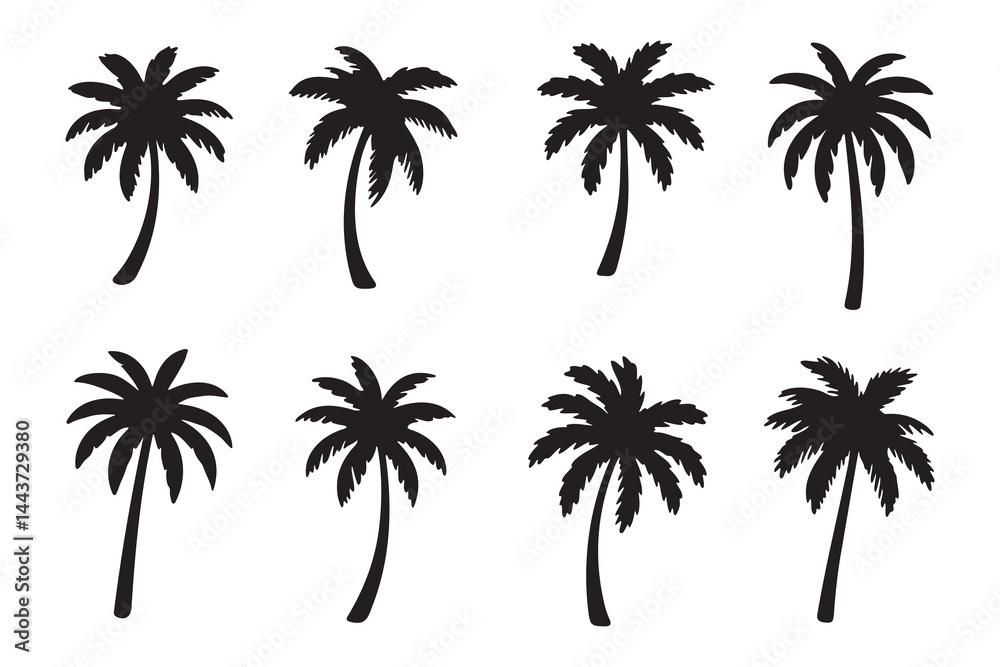 Fototapeta premium Black Silhouette Palm Trees Against a White Background