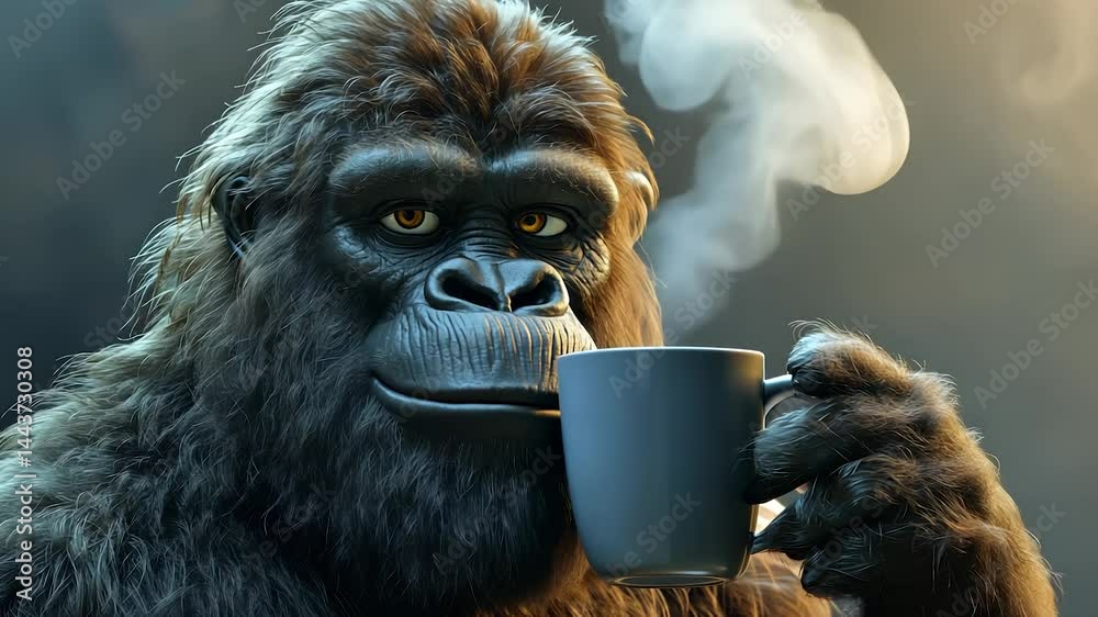 A furry creature resembling Bigfoot is holding a steaming mug with a forest background. The sunlight filters through the scene, highlighting the creature's dense fur and relaxed expression.