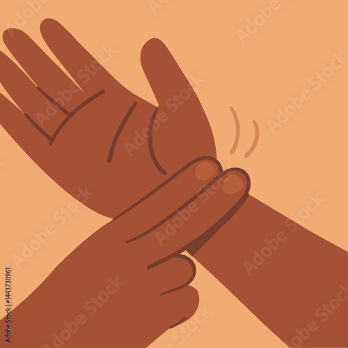  Heart rate check. Vector illustration of a pulse check during sports. A man checks his pulse on his wrist. Vector illustration on the topic of health and fitness.