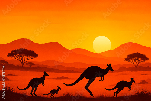 Kangaroos hop across the Australian Outback at sunset, silhouetted against golden skies, distant hills and acacia trees in a classic Aussie wilderness scene for publication, poster, calendar, cover