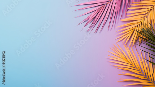 Tropical palm leaves in vibrant neon gradient, holographic colors. minimal art concept.