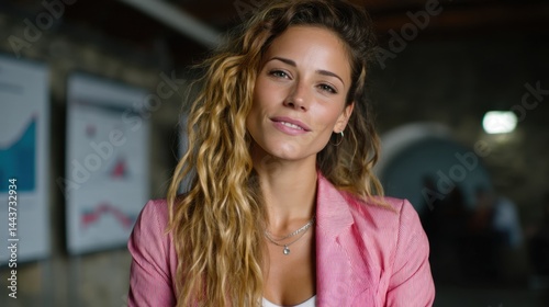 Confident and Friendly Young Woman Smiling in Indoor Space with Charts and Graphics in Background