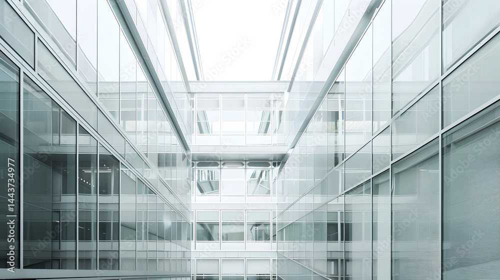 View looking up at a modern building with glass walls and a bright sky between the structures above