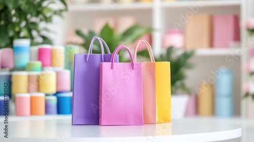 Pastel Shopping Bags Colorful Crafts Brightly Lit Close-up Group Shot Paper Texture Display Retail Store Setting Soft Pastel Hues Ideal for Branding