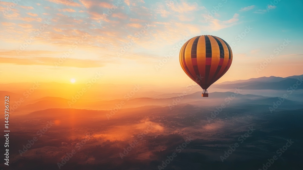 Obraz premium Sunrise hot air balloon adventure over misty mountains