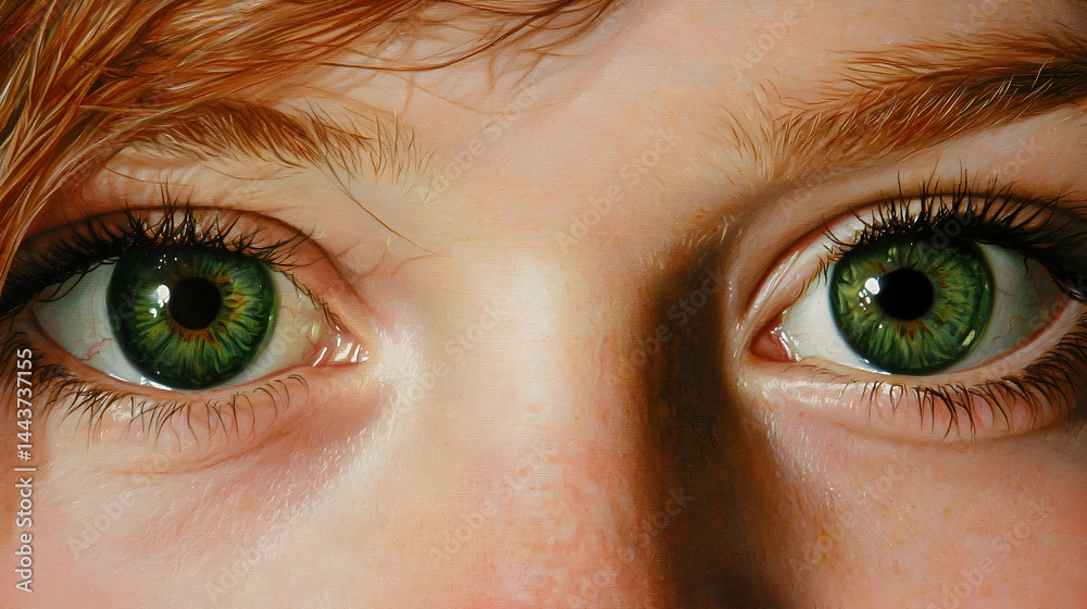 Naklejka premium Close-up portrait of a girl's vibrant green eyes, soft lighting, detailed irises, skin texture. Use eye care, beauty, art