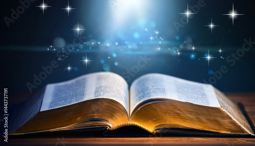 open holy bible book with glowing word wisdom