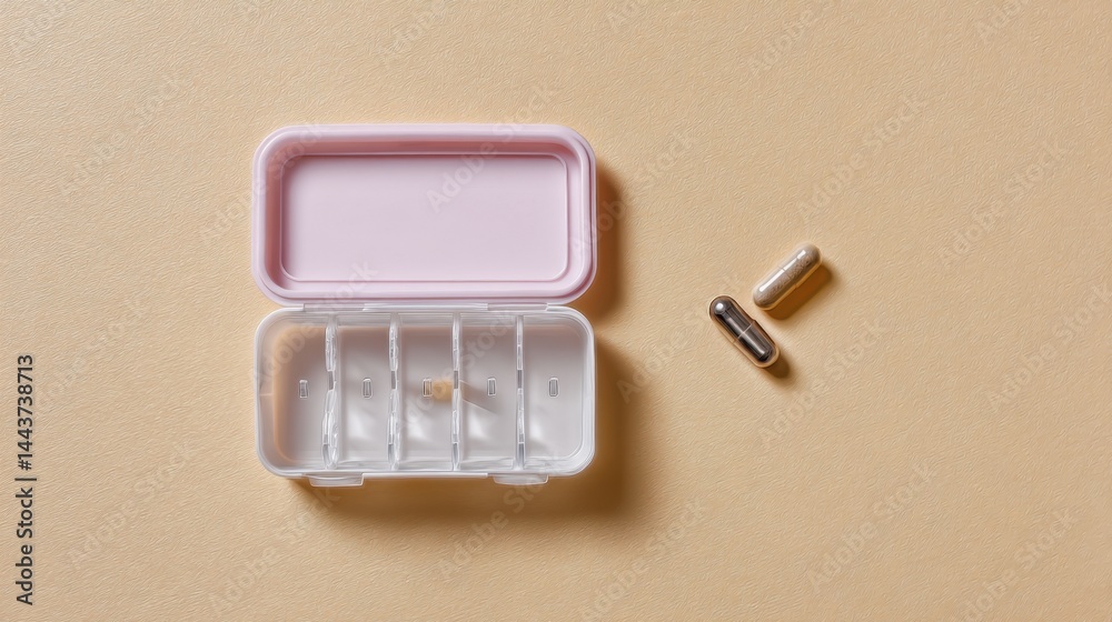 Fototapeta premium Open plastic pill organizer with four compartments and two capsules on beige background