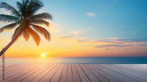 Golden tropical sunset with dark silhouette of coconut palm tree. Trendy vintage toned summer travel background with copy space. Retro style creative design concept. Open composition.