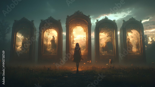 Girl facing ornate mirrored portals, sunset landscape, mystical fantasy art, ideal for fantasy game or book cover