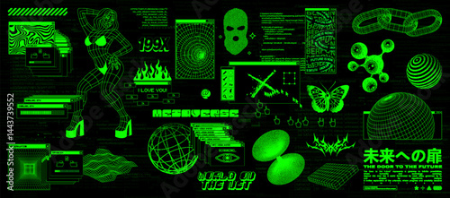 Retrofuturistic neon graphic set y2k. Internet aesthetics, old pc interface, retro vibe with elements of 90s and 00s. Darknet Acid Y2K elements. Translation from Japanese - the door to the future