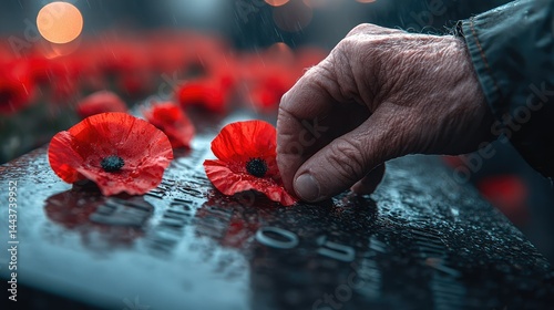 A hand gently arranging poppies on a memorial