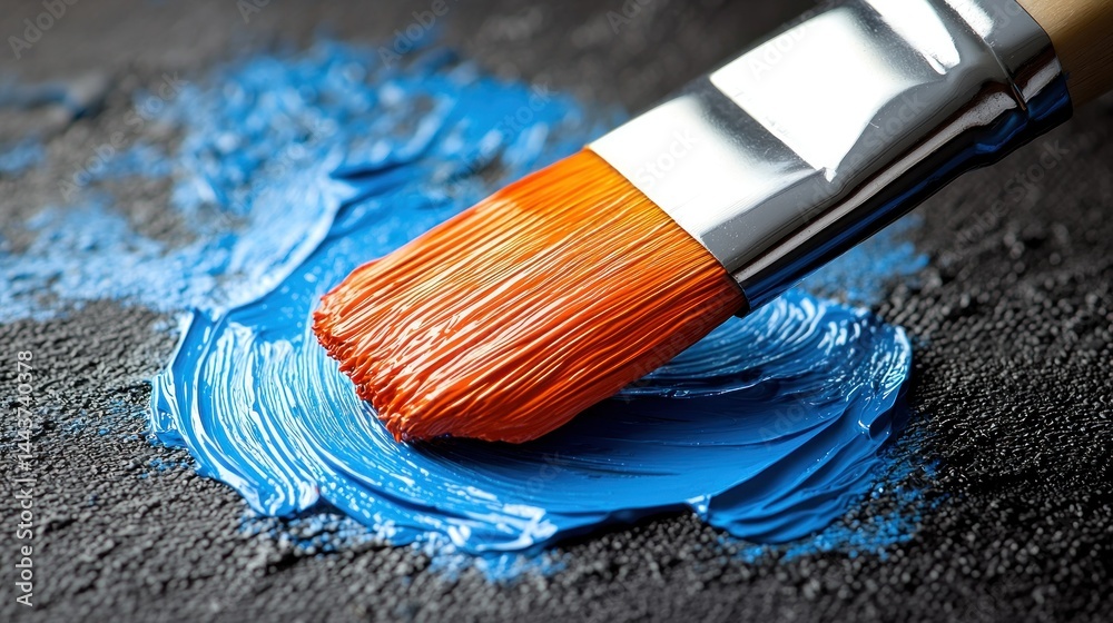 Fototapeta premium Brush strokes vibrant blue paint on textured dark surface