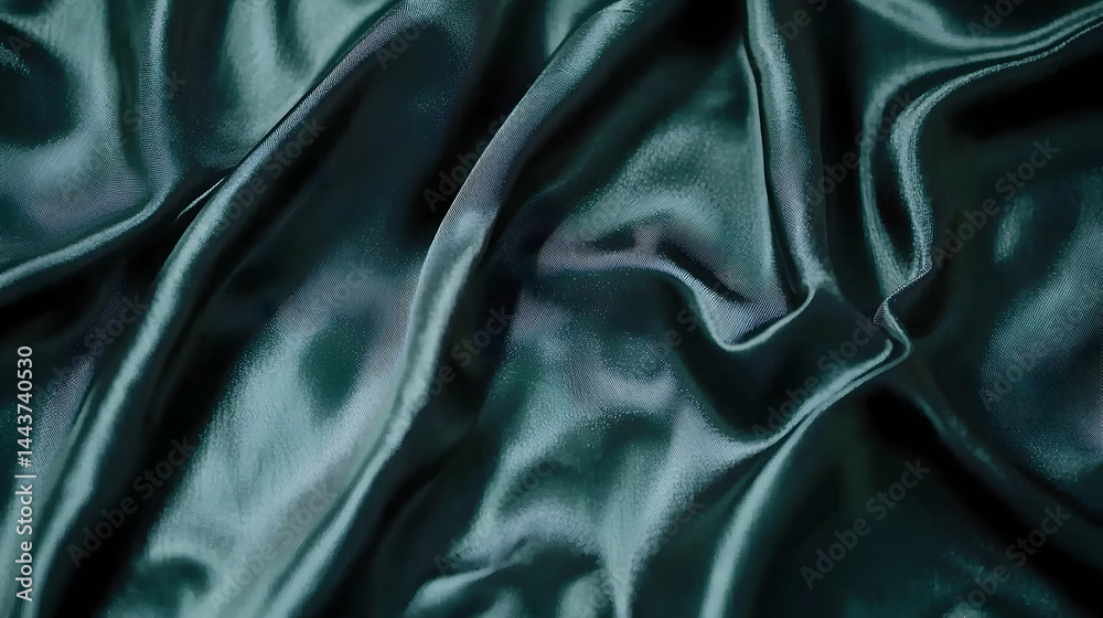 Fototapeta premium Dark teal silk fabric draped elegantly. Background is plain, ideal for luxury product presentation