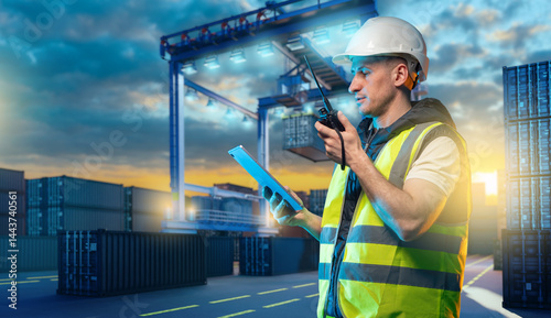 Port worker with tablet and...