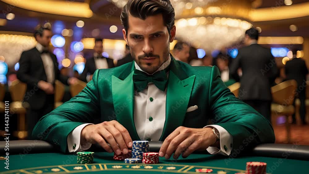 Stylish man in green tuxedo playing poker at luxury casino table