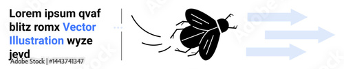 Black insect in flight with curved motion lines, heading toward three blue arrows. Ideal for movement theme, speed, direction, navigation, nature, simplicity, simple landing page
