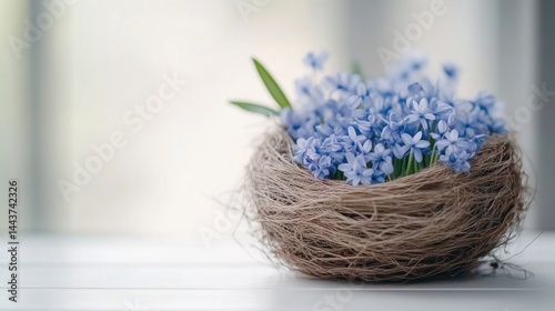 Delicate spring flowers nestled in a woven bird's nest, soft pastel hues against a light background