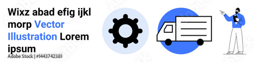 Gear and truck icon represent delivery operations while a presenter points to concepts. Ideal for logistics, services, supply chain, presentations, management, delivery apps, simple landing page