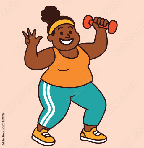 A fun workout. 
Vector illustration of a smiling woman with dumbbells in sportswear. Vector style, bright colors, fitness and cheerfulness theme. Playing sports and losing weight.