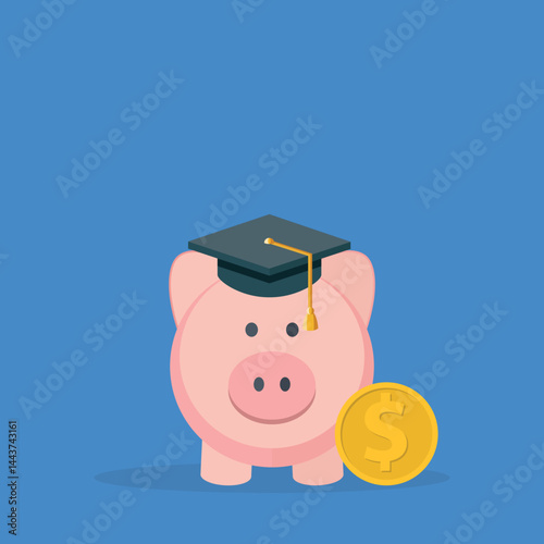 Graduation cost, expensive education, scholarship loan budget, education savings and investment concept. Piggy bank in flat design.