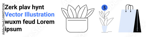 Potted plant, plant with dollar coin symbol, and shopping bag depict financial growth, sustainability, retail, savings, e-commerce, eco-business investments. Ideal for simple landing page