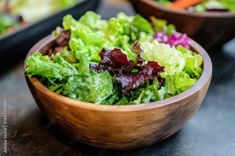 Salad greens in a wooden bowl. AI generated illustration. Salad greens in a wooden bowl. AI generated illustration.