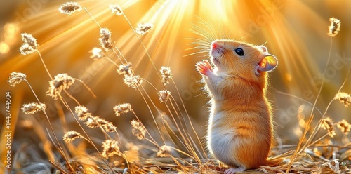In the early morning, a small cute orange rodent is seen standing on sand amidst dried grass with sunlight shining down