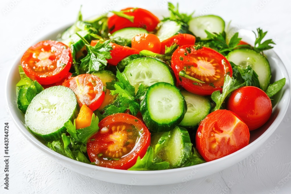 Salad with tomatoes and cucumbers, white background. AI generated illustration. Salad with tomatoes and cucumbers, white background. AI generated illustration.