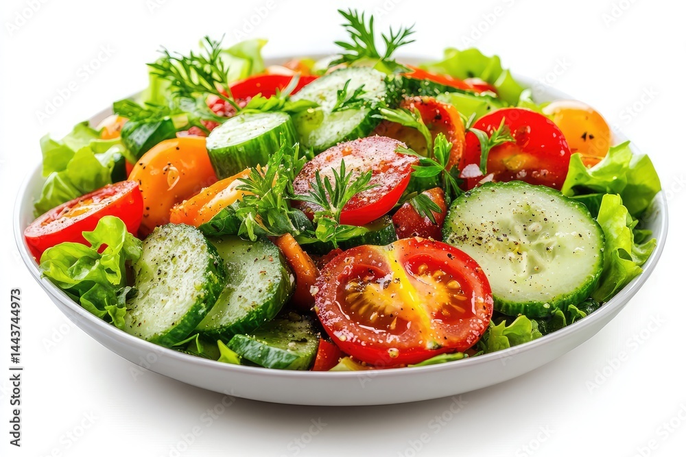Salad with tomatoes and cucumbers, white background. AI generated illustration. Salad with tomatoes and cucumbers, white background. AI generated illustration.