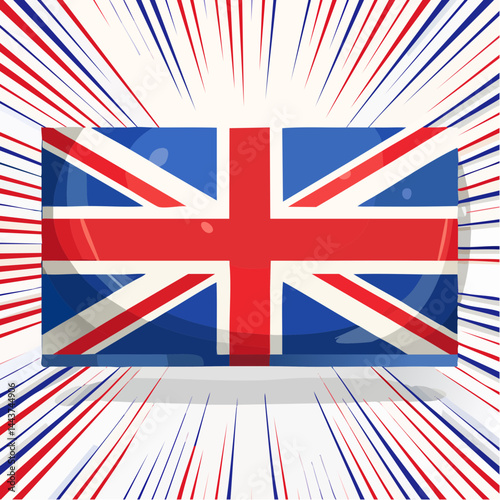 A vibrant design of the Union Jack flag accompanied by dynamic, sunburst-style red and blue beams evoking energy and vitality