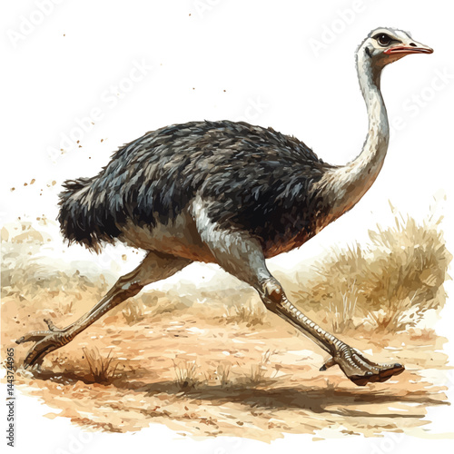 Ostrich Running Across A Field, vector watercolor illustration, isolated on a white background.