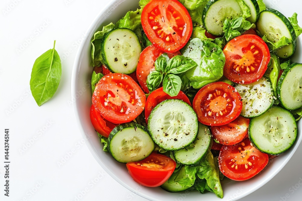 Salad with tomatoes and cucumbers, white background. AI generated illustration. Salad with tomatoes and cucumbers, white background. AI generated illustration.
