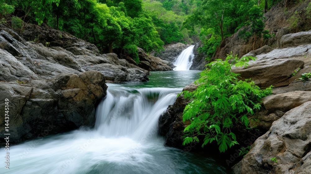 Obraz premium Lush waterfall cascading over rocks in a tranquil rainforest