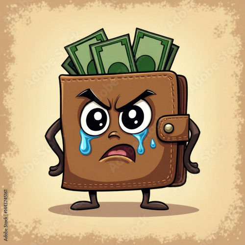 Illustration of a cartoon wallet with a humorous depiction, featuring an angry expression while crying