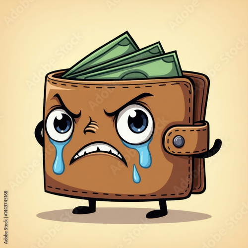 Illustration of a cartoon wallet with a humorous depiction, featuring an angry expression while crying