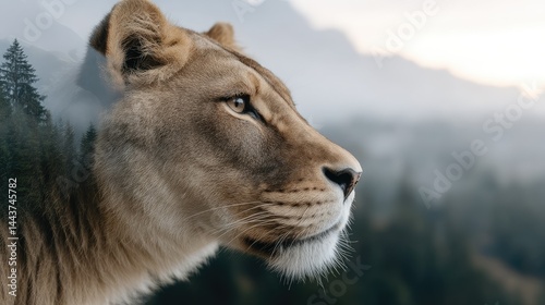 Majestic lioness profile, mountain backdrop