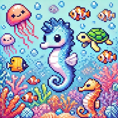 Seahorse digital illustration pixel art character 8 bits style graphic concept photo