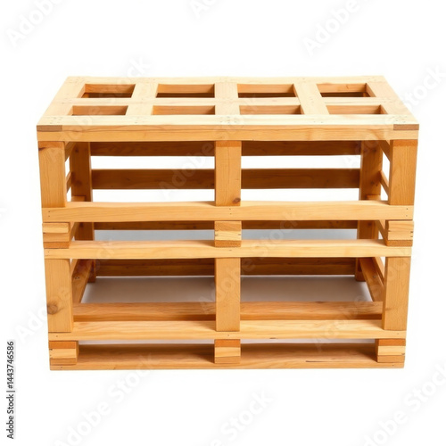 A clean, new wooden pallet sits squarely on a bright white background, its simple geometric structure and light wood grain highlighted by even lighting