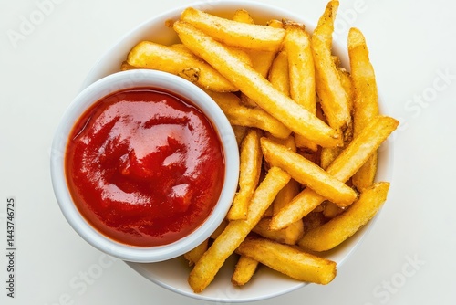 Sauce and fries, white background. AI generated illustration.