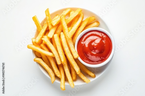 Sauce and fries, white background. AI generated illustration.
