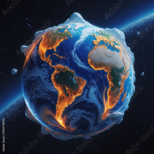 A dramatic view of Earth from space, split in half with one side displaying vibrant, life-filled continents and oceans, while the other side reveals a fiery, molten core