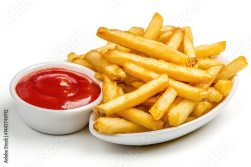 Sauce and fries, white background. AI generated illustration.
