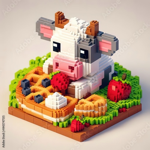 Cow eats waffle and fruits concept voxel art isometric digital illustration creative graphic 3d