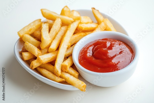 Sauce and fries, white background. AI generated illustration.