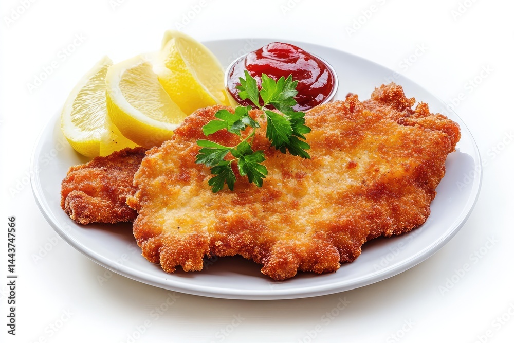 Schnitzel on a plate, white background. AI generated illustration. Schnitzel on a plate, white background. AI generated illustration.
